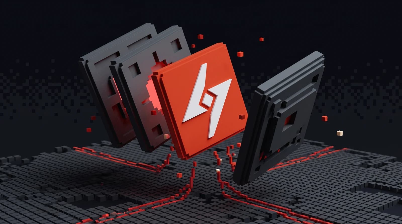 A red Quainance compute core suspended between graphite pixel layers above a dark grid with red data streams.