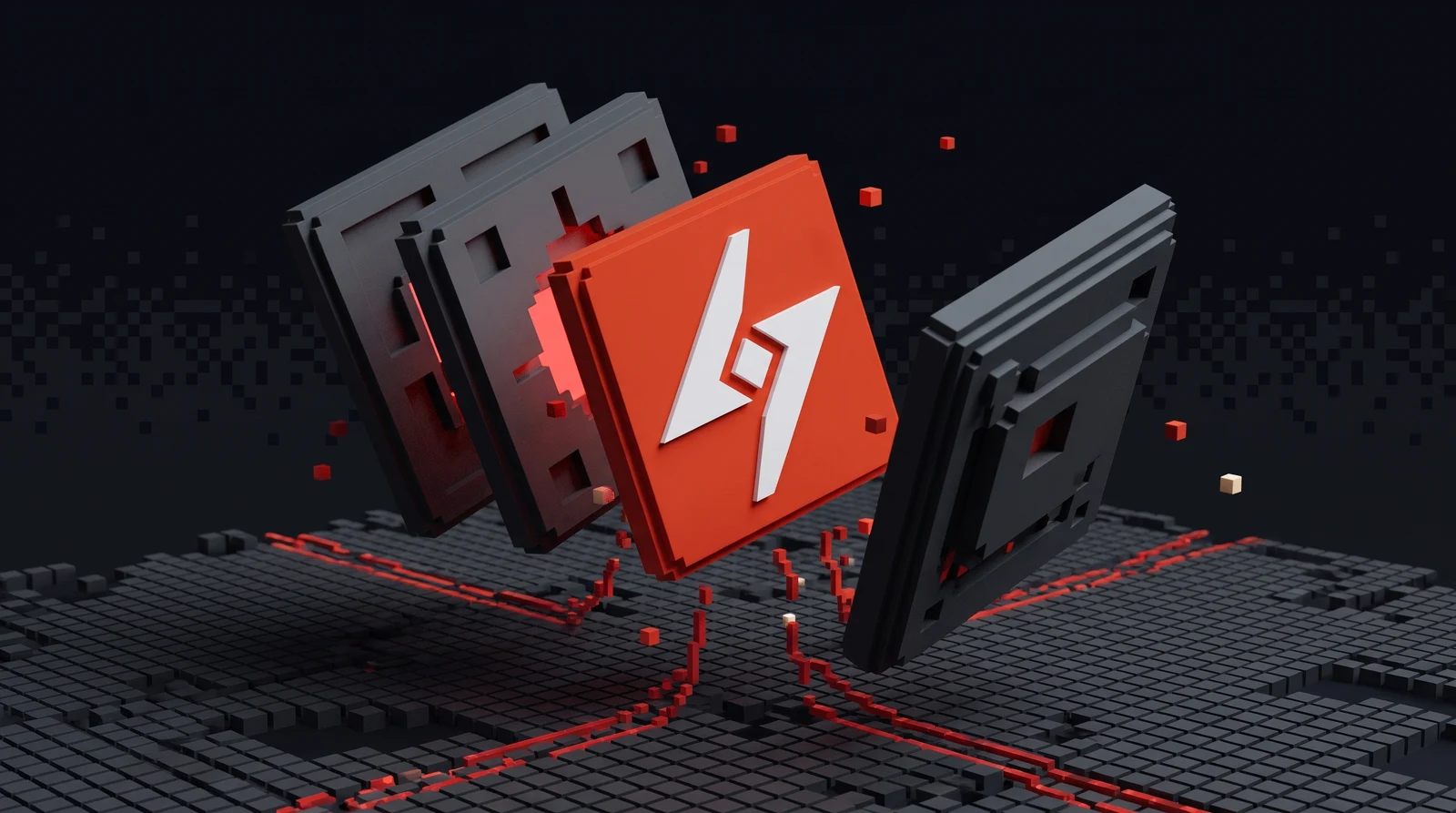 A red Quainance compute core suspended between graphite pixel layers above a dark grid with red data streams.