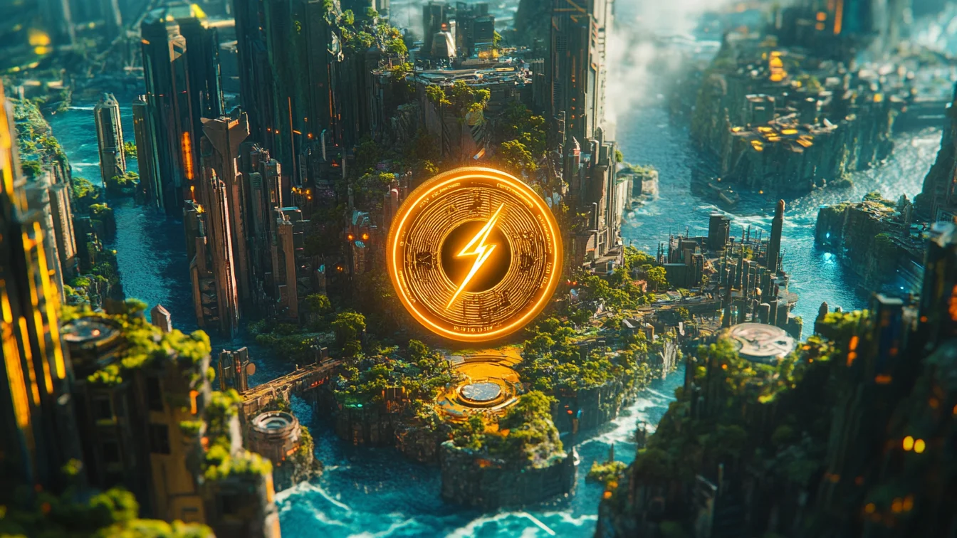 A glowing gold coin with a lightning bolt floating above a futuristic city overgrown with greenery