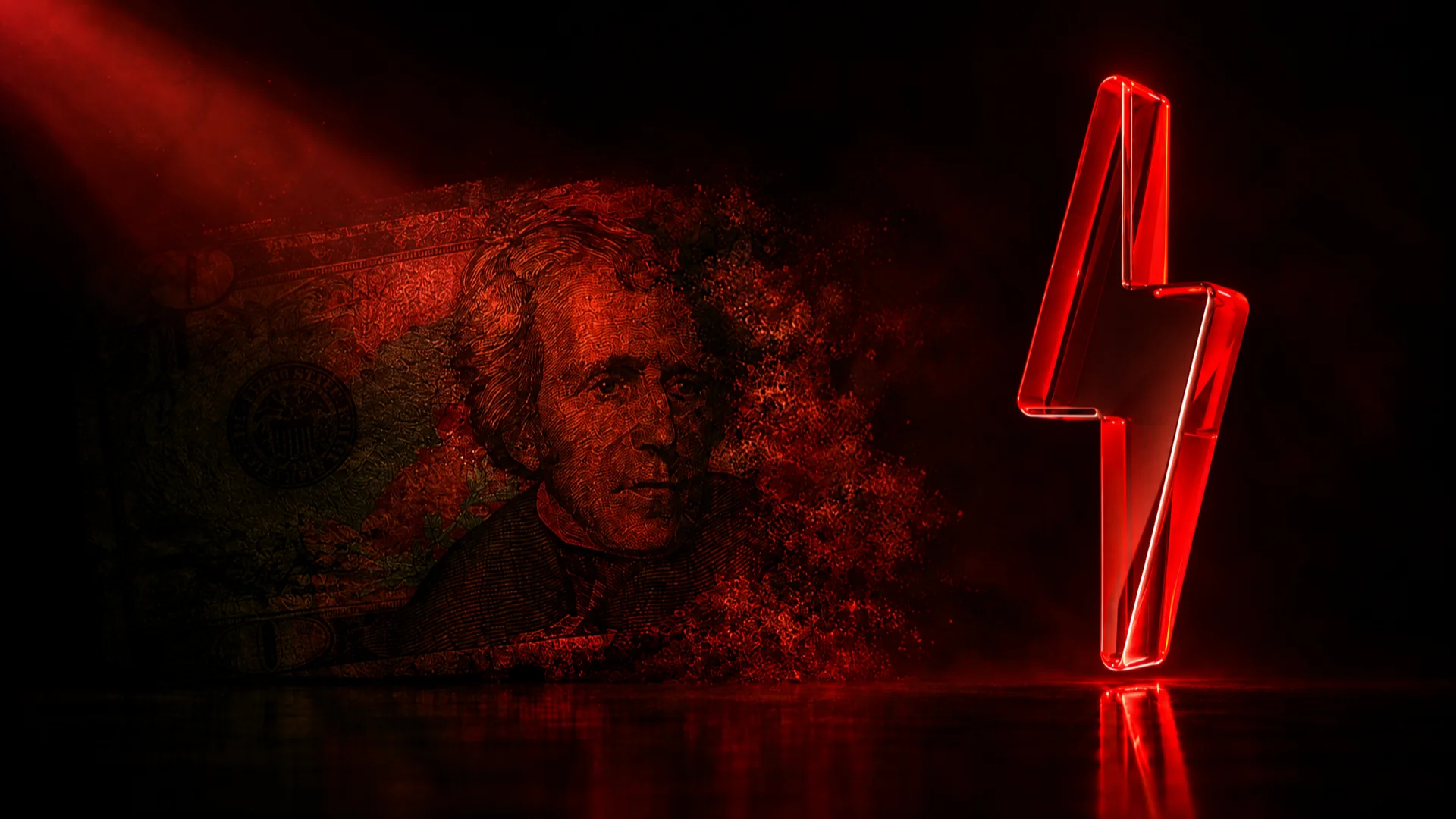 A twenty dollar bill dissolving into red dust beside a glowing red glass lightning bolt, lit by a red light ray